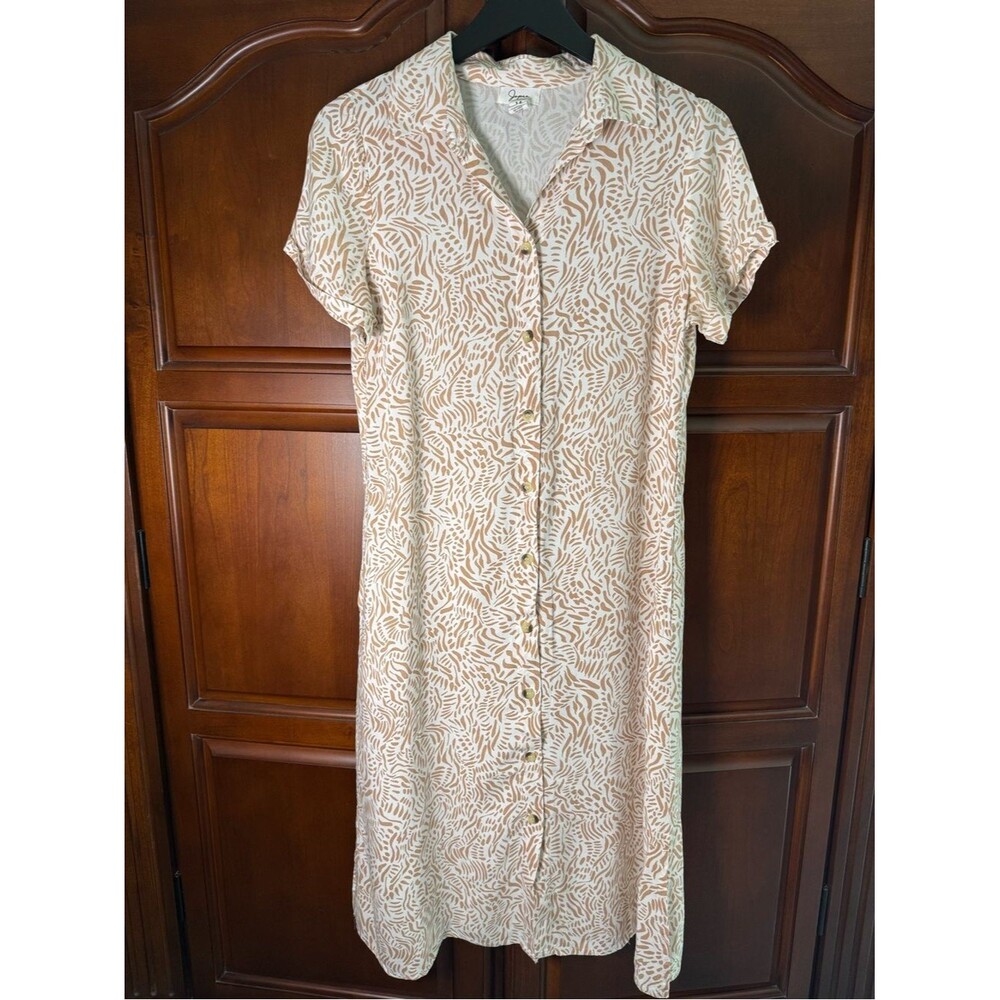 Japna Geometric Short Sleeve Shirt Dress Midi Tan Cream Button Front Medium